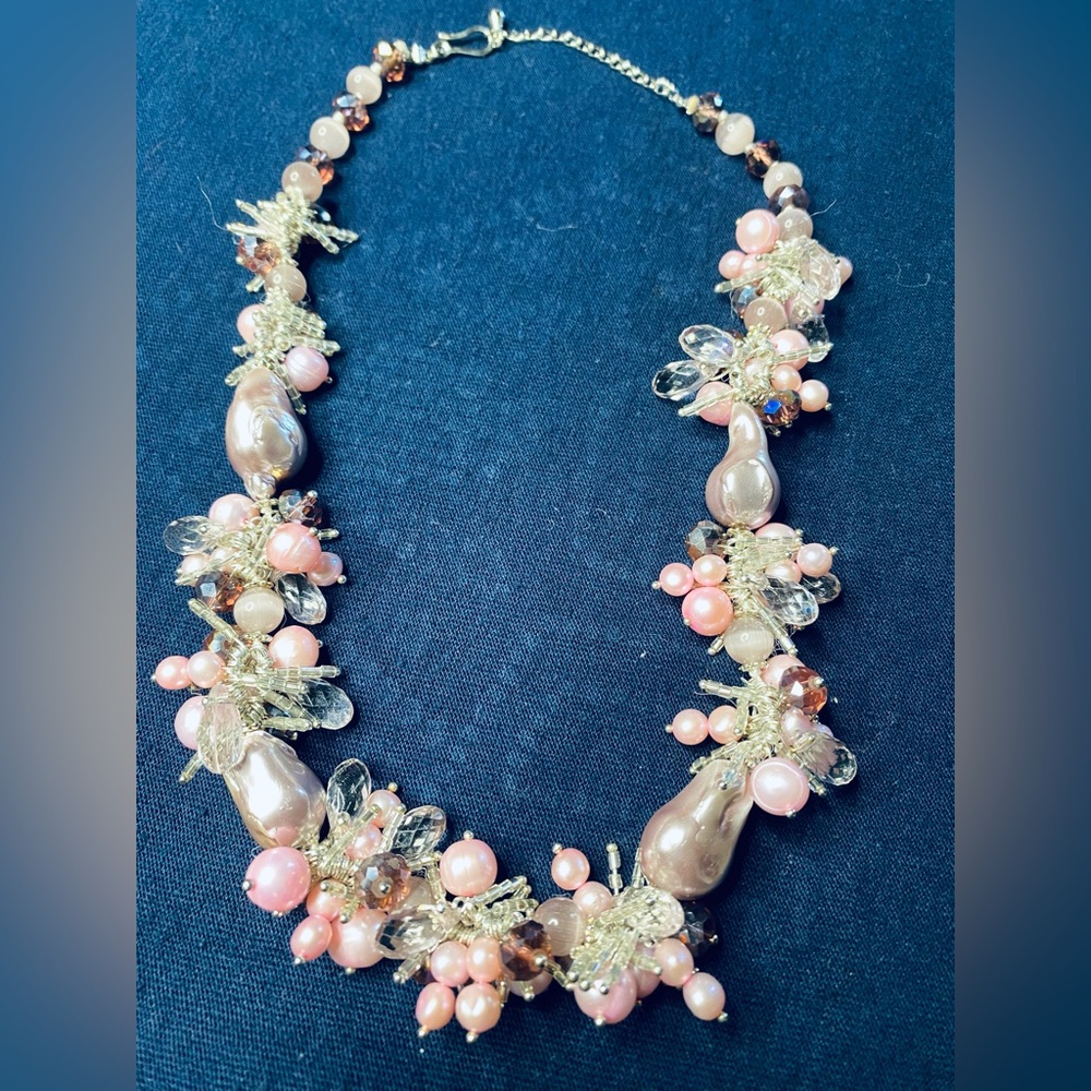 Artisan Pink Baroque Pearl & Morganite Quartz Cluster Statement Necklace | 20”